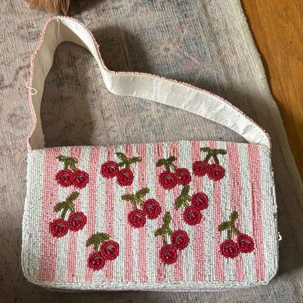 Beaded Cherry-Embellished Pink Stripe Shoulder Bag - Picture 3 of 3